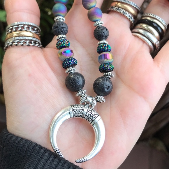 Moon bead necklace . Genuine Onyx , black lava rock druzy quartz silver choker - Picture 9 of 11